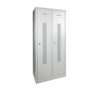 Afbeelding van Garderobekast perfo deur breed 60CM .Sluiting Met sleutel en cilinderslot. Aantal deuren 2. pootje kleur Lichtgrijs