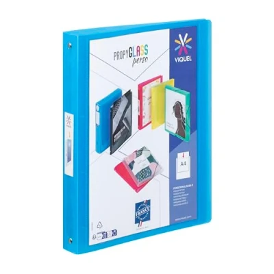 Afbeelding van Viquel Zachte map van kunststof met 4 ringen personaliseerbare rug 3,5 cm ID label A4 formaat Premium kwaliteit Gemaakt in Frankrijk Doorschijnend blauw