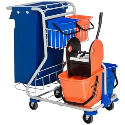 Afbeelding van HOMCOM Schoonmaakwagen schoonmaaktrolley met wielen 4 verrijdbare emmers, dweilwagen, blauwe systeemwagen 720 007