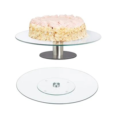 Afbeelding van Relaxdays draaibaar taartplateau set van 2 taartschaal glas met &amp; zonder voet 30cm