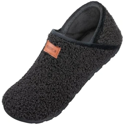 Afbeelding van OBBYCO Pluizige bontpantoffels voor dames en heren, antislip, blote voetschoenen, warm, gesloten rug, binnen buiten, zwart.