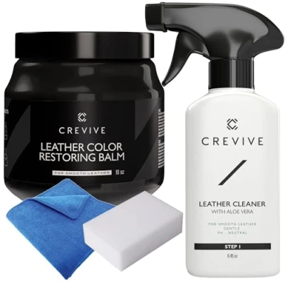 Afbeelding van CREVIVE Leerreiniger 250 ml en reparatieset voor zwart leer, 300 ml, lederverzorging, reparatie van bank, autostoel