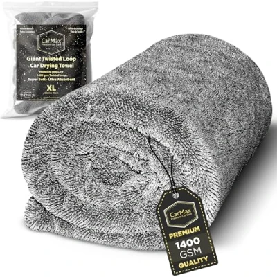Afbeelding van CarMax Autodrooghanddoek met dubbelzijdige gedraaide lus van microvezel 1400 g/m² voor snel drogen zonder strepen en details, verkrijgbaar in XXL (90 cm x 60 cm) XL (60 40
