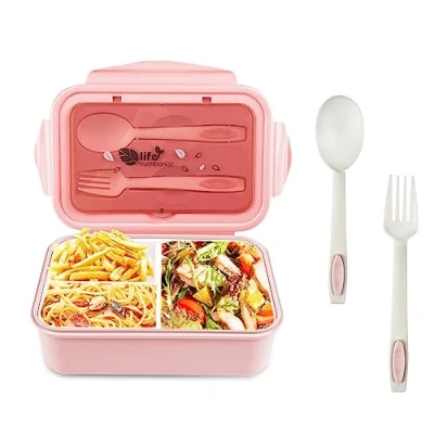 Afbeelding van Relota lunchbox met 3 vakken en lepel, vork, 1400 ml, bento waterdicht, BPA vrij, voor magnetron vaatwasser, volwassenen, kinderen, schoolwerk, roze