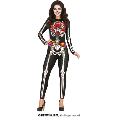 Afbeelding van Guirca Spaans &amp; Mexicaans Kostuum Kleurrijke Bloemen Skelet Vrouw Zwart, Multicolor Maat 36 38 Halloween Verkleedkleding