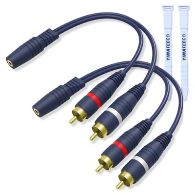 Afbeelding van YIMATEECO jack RCA audiokabel 3,5 mm, stereo kabel Y cinch audio verguld, 1 bus op 2 stekker, voor versterker, actieve luidsprekers of subwoofer (2 stuks, blauw)
