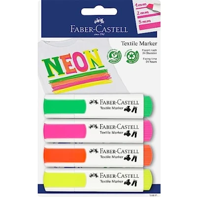 Image de FABER CASTELL 159591 marqueurs textiles de couleurs fluo pour tissus clairs, 4 néon, largeur trait 1 à 5 mm