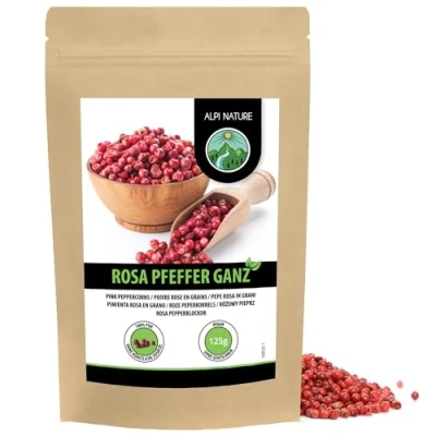 Afbeelding van roze peperkorrels (125 g), 100% natuurlijke hele peperkorrels, zonder additieven, veganistisch