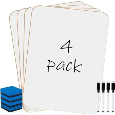 Afbeelding van KAHEIGN Set van 4 kleine whiteboards, droog afwisbaar, dubbelzijdig, 21 cm x 30 cm, duurzaam en draagbaar met pennen gummetjes, voor studenten, leraren, klaslokalen, benodigdheden