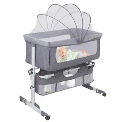 Afbeelding van WODFARR Cododo babybed, 2 in 1, wieg met matras en muggennet, babywieg, draagkracht 50 kg, hoogteverstelling (92 x 58 70 87 cm, grijs)