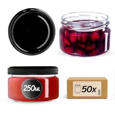 Afbeelding van KADAX Set van 50 kleine jampotten met luchtdichte deksels, 250 ml, voor honing en specerijen, zwart
