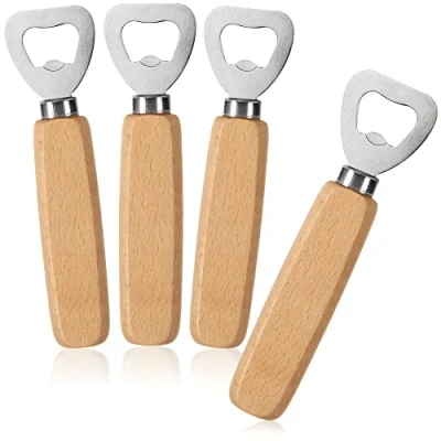 Afbeelding van flesopener van roestvrij staal met ergonomische beukenhouten handgreep zonder logo mooi gevormde bierflesopener
