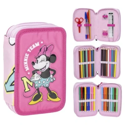 Afbeelding van CARTOON etui met meerdere vakken, 3 ritssluitingen voor school, complete kleurpotloden, viltstiften, Minnie (1),