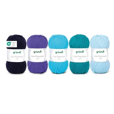 Afbeelding van Gründl Lisa Premium Set van 5 bollen breiwol, 50 gram, 100% polyacryl, heerlijk zacht, onderhoudsvriendelijk, marineblauw, turquoise, petrol