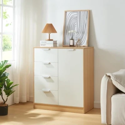 Afbeelding van Commode Varkaus ladekast mdf met 4 lades 1 deur 90x80x40 cm eikenkleurig en wit [en.casa]