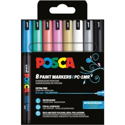 Afbeelding van Uni POSCA paintmarker PC 1MR, 0,7 mm, etui van 8 stuks in geassorteerde metallic kleuren