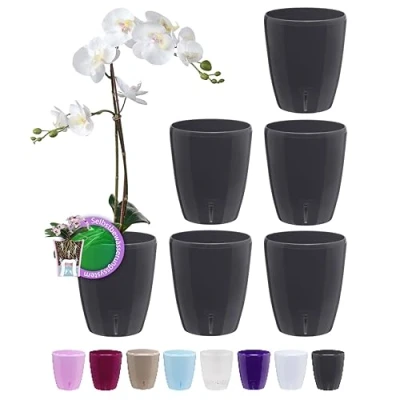 Afbeelding van SANTINO Set van 6 stuks zelfwaterende bloempotten met wick systeem en waterniveau indicator voor gebruik binnenshuis, orchideeën pot, diameter 12 cm (antraciet, 1,3 L)