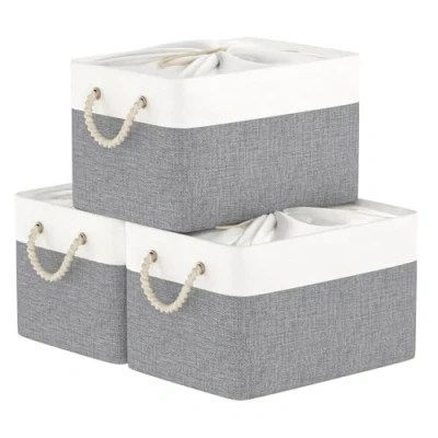 Afbeelding van Set van 3 opbergdozen met deksel, 37x26x20cm, stoffen vouwdozen trekkoordafdekking en 2 handgrepen, doos, kubussen, wit/grijs, SNK003WGS