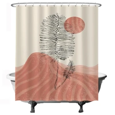 Afbeelding van Ulticool Douchegordijn Zon Roze Berg Plant Abstract Boho Bohemian 180 x 200 cm semi Transparant met 12 Ringen Wit anti Schimmel Zwart Creme
