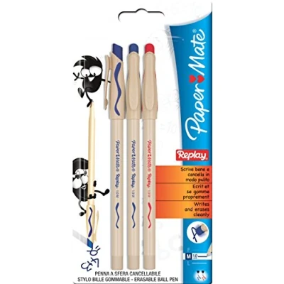 Afbeelding van Paper Mate Replay Balpen, uitwisbaar, medium punt, verschillende kleuren, 3 stuks