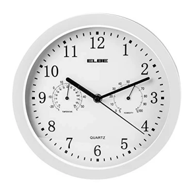 Afbeelding van ELBE RP 2005 B Wandklok met thermometer en hygrometer, temperatuur vochtigheidsmeting, diameter 25 cm, wit paneel, frame, werkt op batterijen,