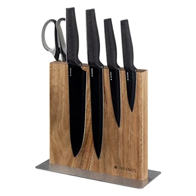 Afbeelding van Navaris magnetisch dubbelzijdig messenblok Magnetische messenhouder van acaciahout Houten organizer voor messen Tweezijdig