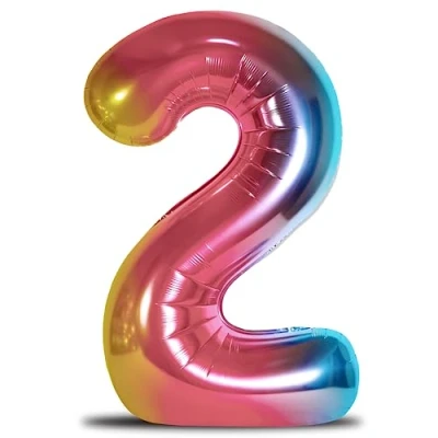 Afbeelding van envami® Verjaardagsballon, regenboog, XXL, reusachtige folieballon, 101 cm, cijferballon, zweeft met helium, verjaardagsdecoratie (cijfer 2)