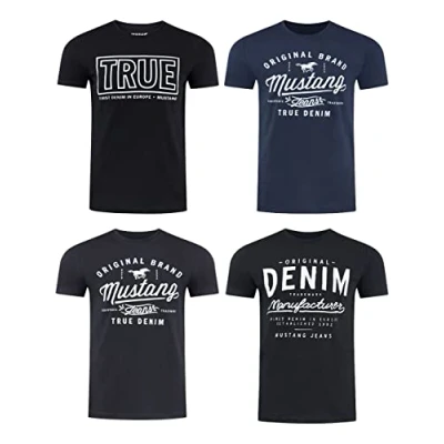 Afbeelding van MUSTANG Set van 4 T shirts voor heren, bedrukt op de voorkant, ronde hals, korte mouwen, regular fit, 100% katoen, zwart, wit, grijs, blauw, groen, maten S, M, L, XL, XXL, 3XL, 4XL, 5XL, 6XL