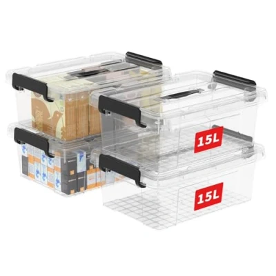 Afbeelding van 15L x 4 plastic opbergdoos Draagkoffer Organisatiebakken met heavy duty deksel en veilige vergrendelingsgespen stapelbaar Pak van grijs gesp