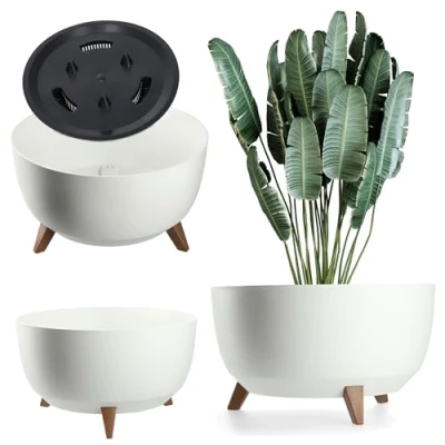 Afbeelding van KADAX Ronde bloempot van kunststof met drie steekhouders, voor balkon, woonkamer, diameter 47 cm, wit
