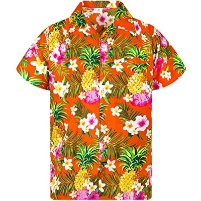 Afbeelding van King Kameha Funky Hawaïhemd voor kinderen, jongens, meisjes, korte mouwen, voorzak, Hawaii print, uniseks, ananasbladerpatroon, Kids Ananas Bloemen Oranje