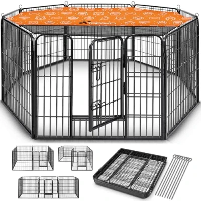 Afbeelding van Tresko® puppystal vrijlooponderstel puppy hondenopstal dierenloopstal honden, met deur en weerbestendige hamerslaglak
