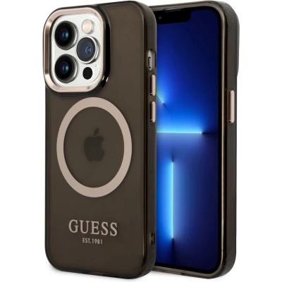 Afbeelding van Guess iPhone 14 Pro Max Hardcase Backcover Gold Buttons &amp; Camera Magsafe Compatible Doorzichtig Zwart