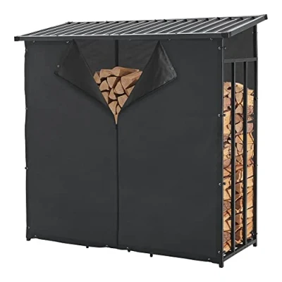 Afbeelding van casa.pro Bestekte houtschuur met beschermhoes, standaard brandhout, houthouder, voor buitenopslag, verzinkt staal, gelakt, polyester, metaal, 185 x 180 70 cm, zwart