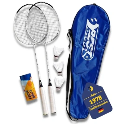 Afbeelding van Best Sporting Badmintonracket 200 XT met ballen, 2 badmintonrackets 3 ruches, licht badmintonracket, 108 g, stuurracket Lawntex touwen, inclusief draagtas