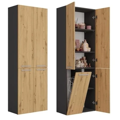 Afbeelding van BDW Badkamerkast, wasmand, 4 deuren, 174 x 60 30 cm, wastafelonderkast, hoge kast, badkamermeubel, plank (antraciet/ambachtelijk eiken)