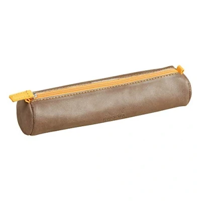 Afbeelding van RHODIA 318893C Pennenetui, rond, chocoladebruin, 21,5 x 5,5 cm, echte naden, oranje, binnenkant jersey, ivoorkleurig, kunstleer, opslag van pennen, potloden, viltstiften, kleine benodigdheden,