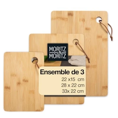 Afbeelding van Moritz &amp; Set van 3 bamboe snijplanken, natuurlijk antibacterieel, robuust en mesvriendelijk, veelzijdig inzetbaar als keukenhouten plank, broodplank, plank