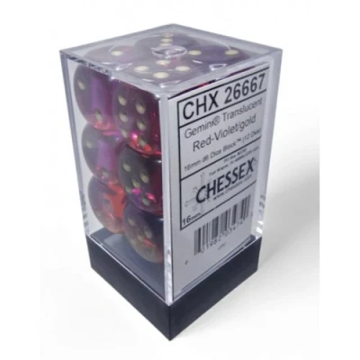 Afbeelding van Chessex Gemini Translucent Red Violet/gold D6 16mm Dobbelsteen Set (12 stuks)