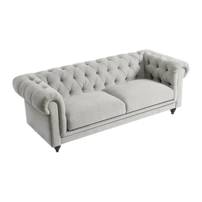 Afbeelding van Vente unique Chesterfield zitbank 3 plaatsen in lichtgrijze stof CRONEL L 230 cm x H 79 D 99