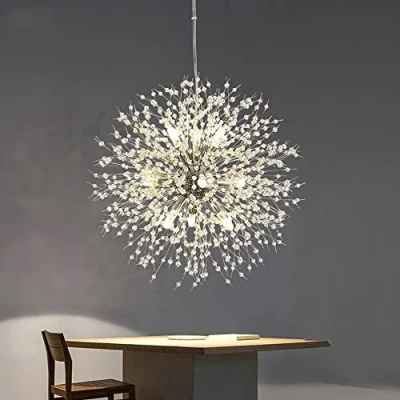 Afbeelding van Kristallen kroonluchter, zilveren paardenbloem, vuurwerkachtige kroonluchter 9 lampen voor woonkamer, eetkamer, keukeneiland, inclusief G9 lamp