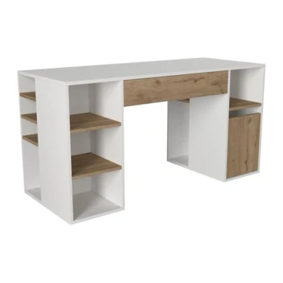 Afbeelding van Vente unique Bureau met opbergruimte Wit en houtlook MELAVA L 145.3 cm x H 74.4 D 59.6