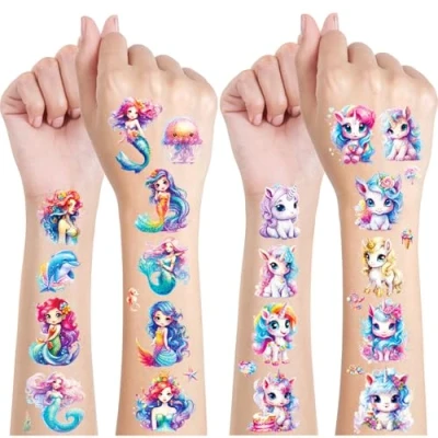 Afbeelding van Tattoo tijdelijke glitter voor kinderen, 12 vellen, tatoeages eenhoorn en zeemeermin, eenhoorn, cadeaus meisjes, decoratie, verjaardag, tatoeage, waterdicht,