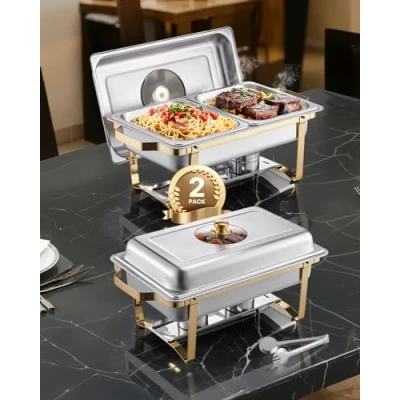 Image de VEVOR Chauffe Plat Buffet Chauffant Rectangulaire 2PCs 4 L en Inox Traiteur Doré