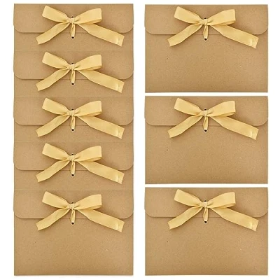 Afbeelding van 50 stuks geschenkenveloppen, retro enveloppen van kraftpapier, envelop met banden, doe het zelf cadeaukaart, envelop, voor handgemaakte uitnodigingen, bruiloft, Kerstmis (gouden linten)