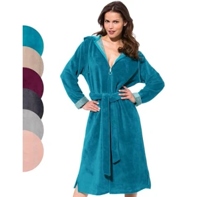 Afbeelding van Morgenstern Badjas Dames Rits I Capuchon Velours Bamboe Katoen Microvezel, Turkoois, M