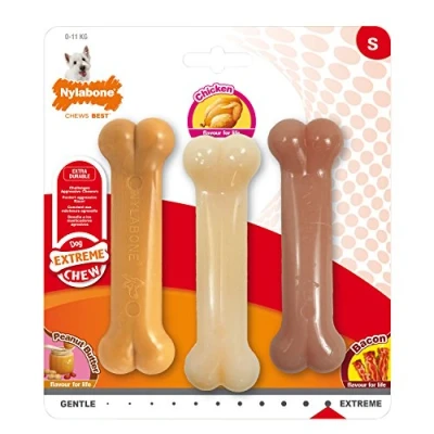 Afbeelding van Nylabone Extreme Triopack kauwbotten met smaken Pindakaas, Kip en Bacon Small