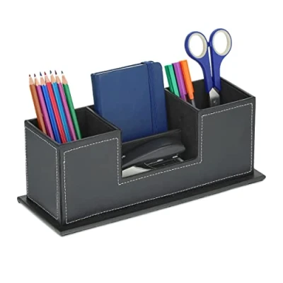 Afbeelding van Relaxdays bureau organizer kunstleer pennenbak met 4 vakjes pennenhouder kantoor zwart