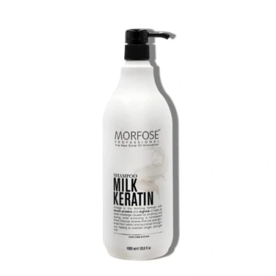 Afbeelding van Morfose 1000 ml melkkeratine shampoo met keratine eiwit en arginine, versterkt het haar geeft glans, zonder sulfaten parabenen, praktische pompfles.