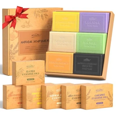 Afbeelding van Cadeauset met natuurlijke zeep, 6 delig, douchezeep, badkamer, biologische zeep voor dames en heren, gezicht lichaam, lavendel, havervlokken amandel, kojinezuur kurkuma, bamboehoutskool enz. x